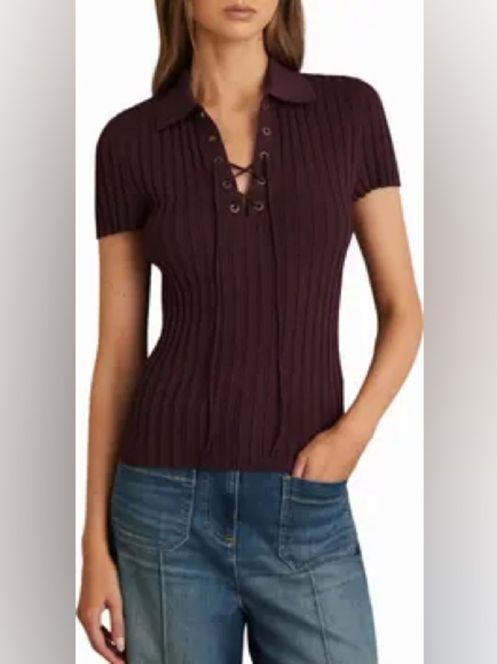 Reiss Ribbed Lace-Up Polo Sweater Brown/Burgundy Large